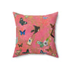 Butterfly Garden Throw Pillow — Pink Suede Accent Pillow with Birds & Tag Design