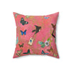Butterfly Garden Throw Pillow — Pink Suede Accent Pillow with Birds & Tag Design