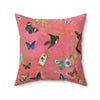 Butterfly Garden Throw Pillow — Pink Suede Accent Pillow with Birds & Tag Design