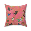 Butterfly Garden Throw Pillow — Pink Suede Accent Pillow with Birds & Tag Design